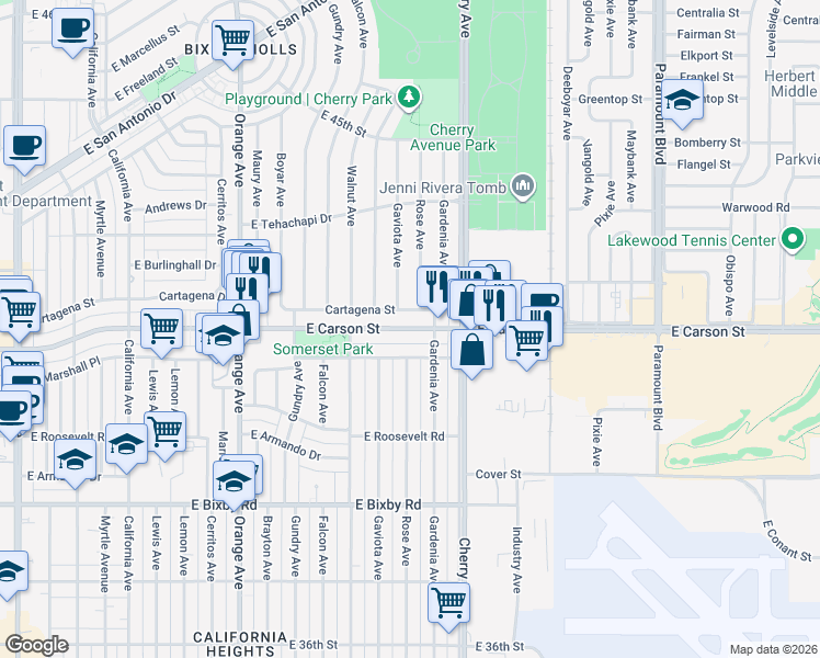 map of restaurants, bars, coffee shops, grocery stores, and more near 1812 Carson Street in Long Beach