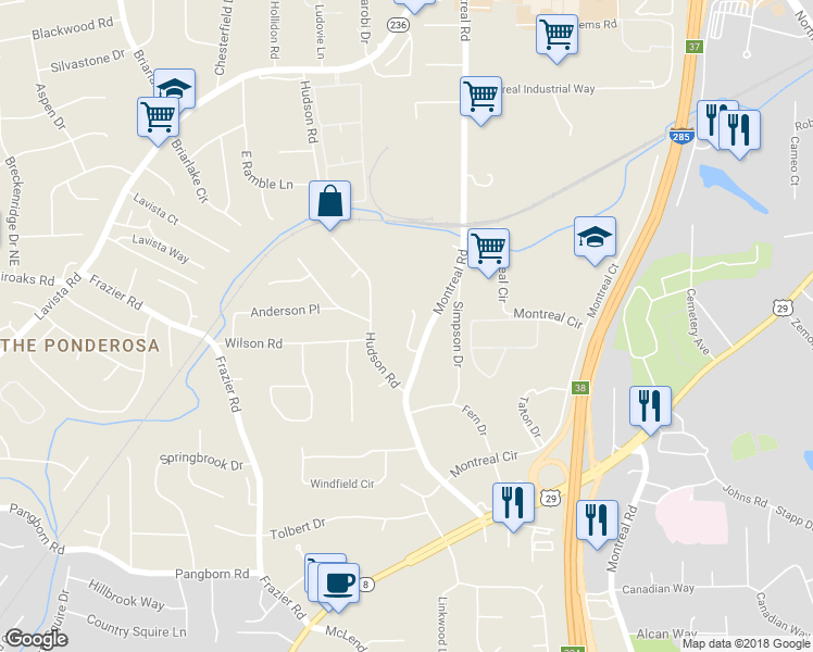 map of restaurants, bars, coffee shops, grocery stores, and more near 1716 Kennersly Close in Tucker