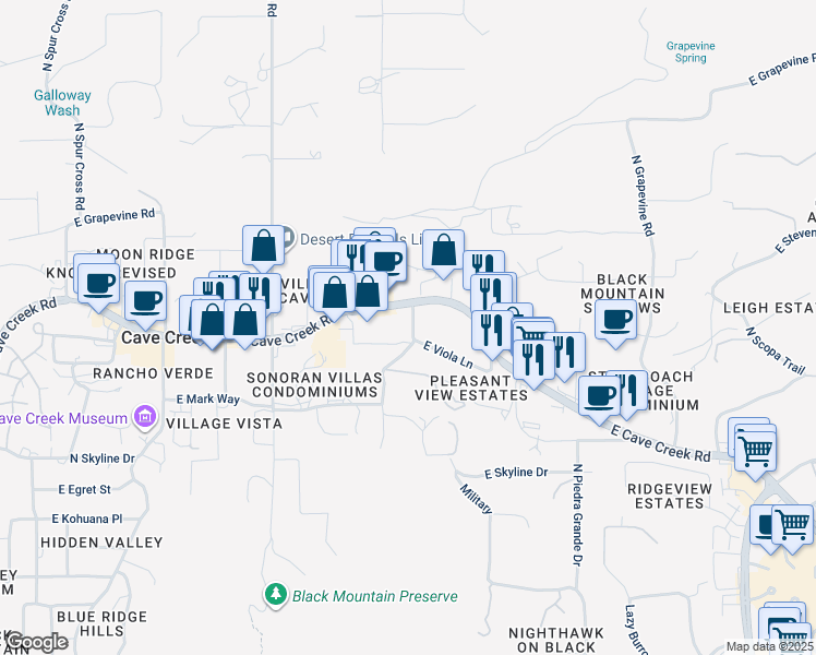 map of restaurants, bars, coffee shops, grocery stores, and more near 6525 East Cave Creek Road in Cave Creek