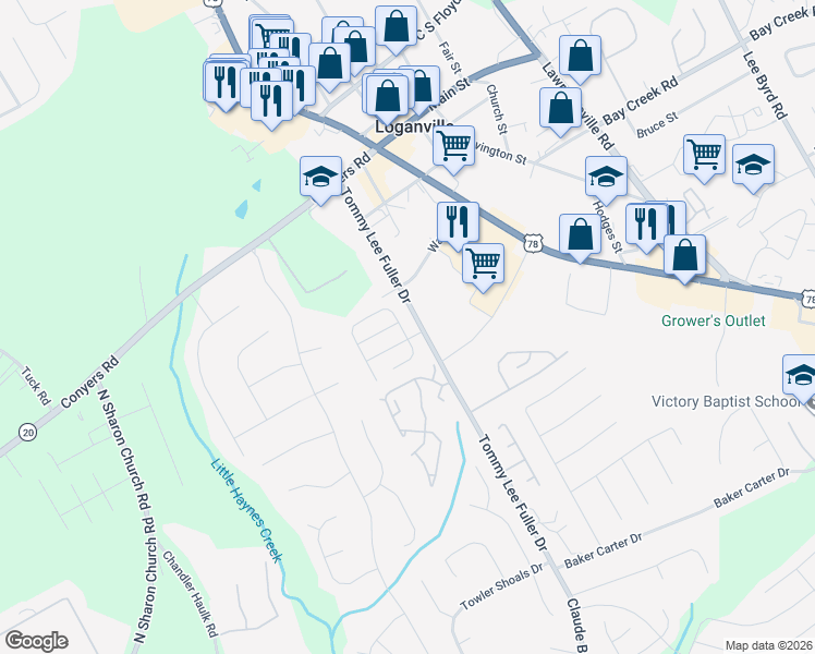 map of restaurants, bars, coffee shops, grocery stores, and more near 956 Village View Circle in Loganville