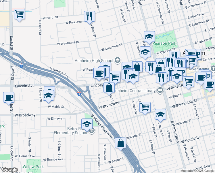 map of restaurants, bars, coffee shops, grocery stores, and more near 113 South West Street in Anaheim