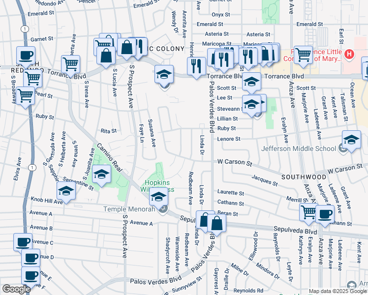 map of restaurants, bars, coffee shops, grocery stores, and more near 21610 Redbeam Avenue in Torrance