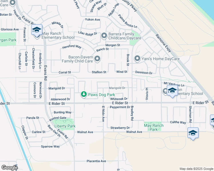 map of restaurants, bars, coffee shops, grocery stores, and more near 3344 Milkweed Lane in Perris