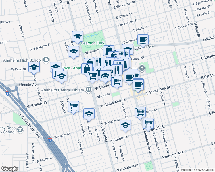 map of restaurants, bars, coffee shops, grocery stores, and more near 310 West Broadway in Anaheim
