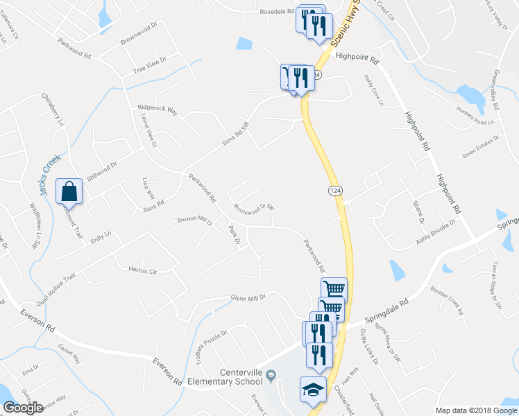 map of restaurants, bars, coffee shops, grocery stores, and more near 3020 Rusticwood Drive Southwest in Snellville