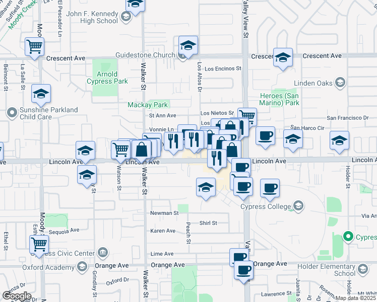 map of restaurants, bars, coffee shops, grocery stores, and more near 5721 Lincoln Avenue in Cypress