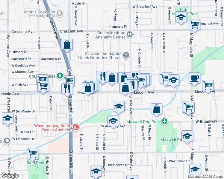 map of restaurants, bars, coffee shops, grocery stores, and more near 2861 West Lincoln Avenue in Anaheim