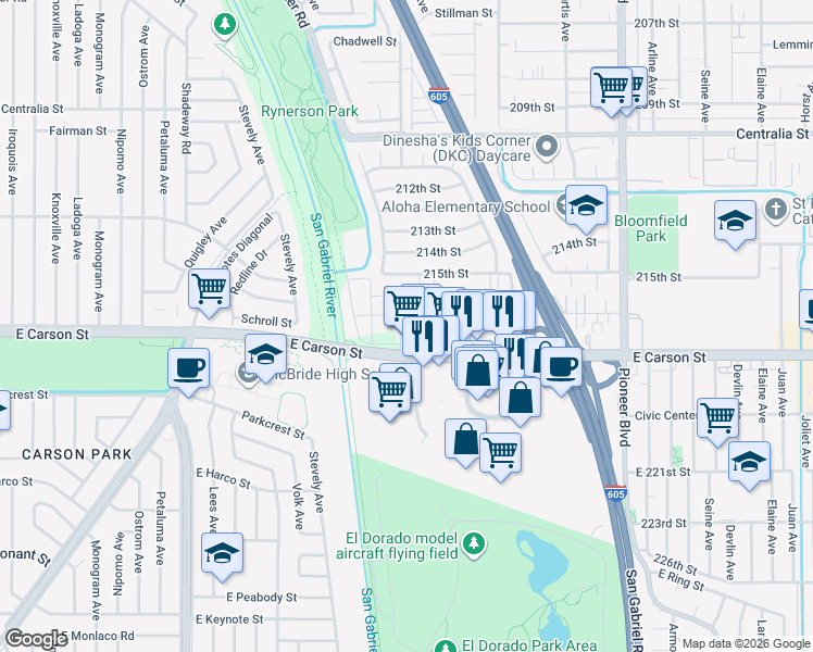 map of restaurants, bars, coffee shops, grocery stores, and more near 11402 216th Street in Lakewood