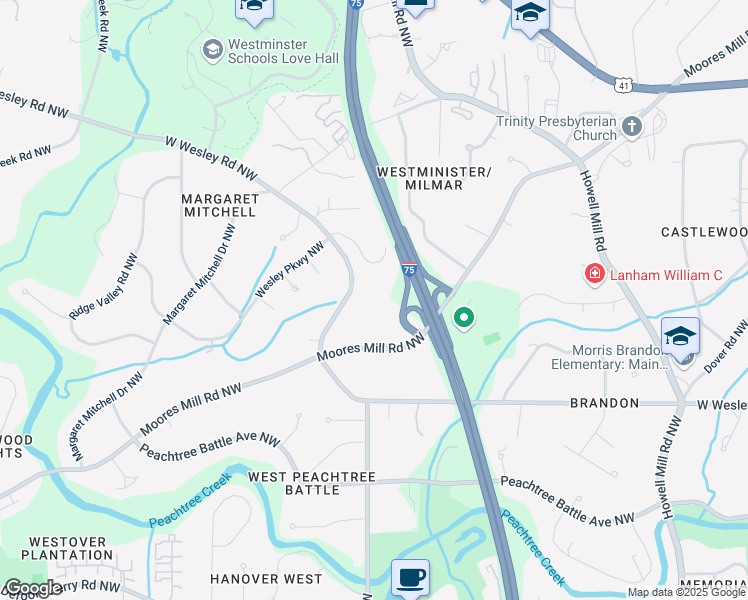 map of restaurants, bars, coffee shops, grocery stores, and more near 1361 West Wesley Road Northwest in Atlanta