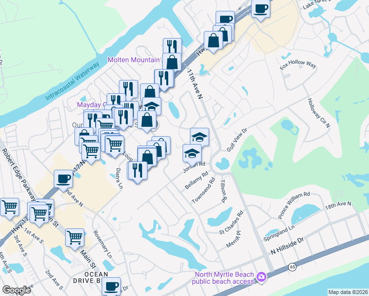 map of restaurants, bars, coffee shops, grocery stores, and more near 904 Sand Dollar Court in North Myrtle Beach