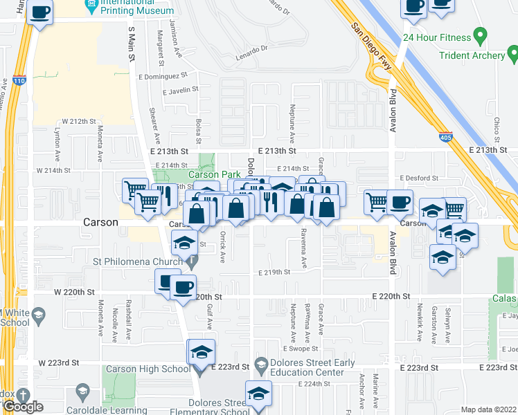 map of restaurants, bars, coffee shops, grocery stores, and more near 313 East Carson Street in Carson
