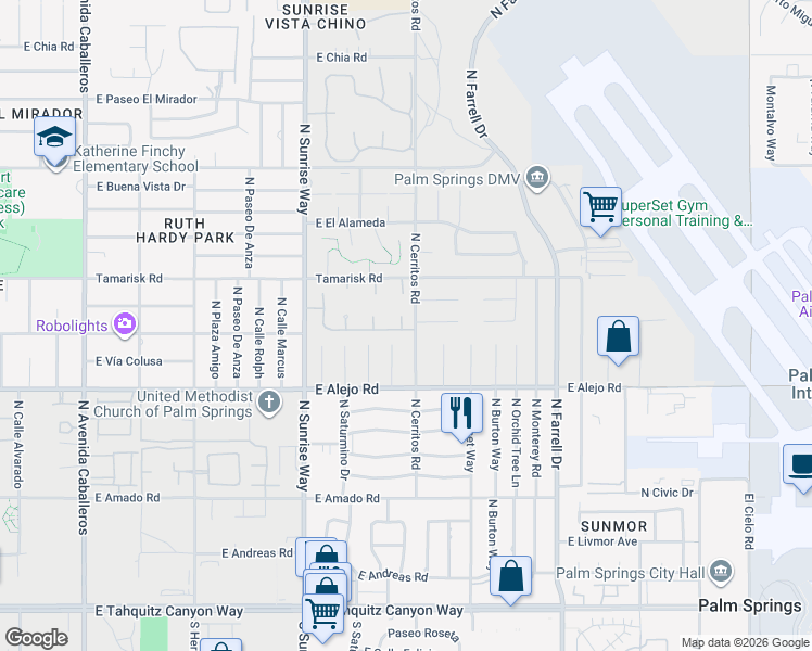 map of restaurants, bars, coffee shops, grocery stores, and more near 600 North Palomar Circle in Palm Springs