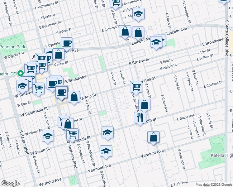 map of restaurants, bars, coffee shops, grocery stores, and more near 521 S Motif Street in Anaheim