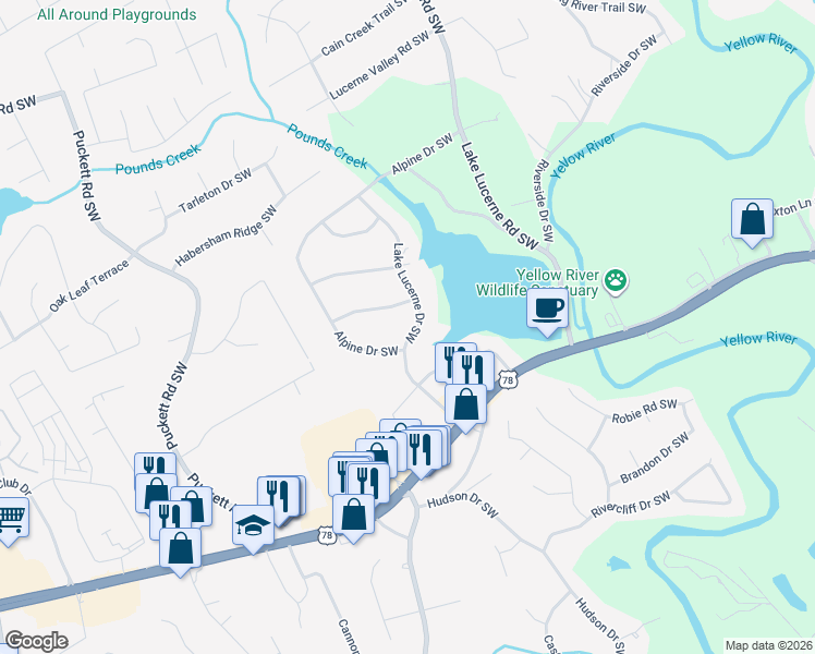 map of restaurants, bars, coffee shops, grocery stores, and more near 1963 Lake Lucerne Drive Southwest in Lilburn