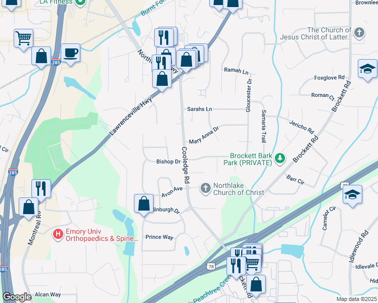map of restaurants, bars, coffee shops, grocery stores, and more near 1719 Cooledge Road in Tucker