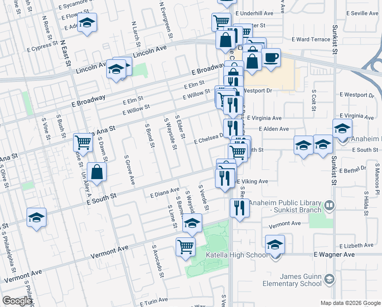 map of restaurants, bars, coffee shops, grocery stores, and more near 616 South Elder Street in Anaheim