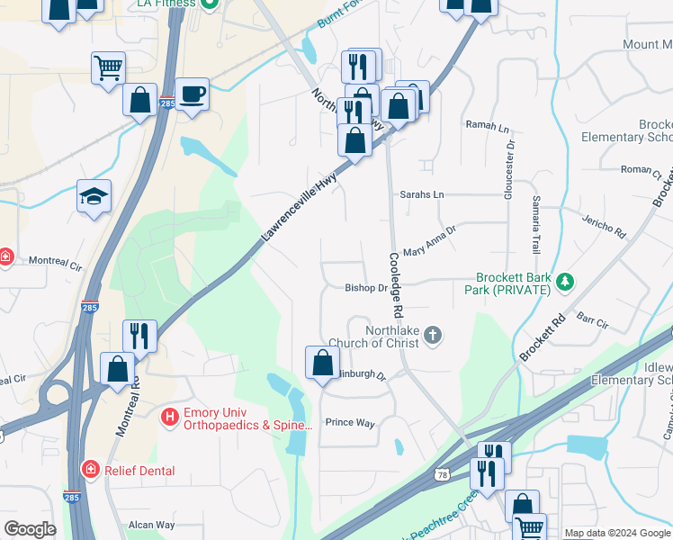 map of restaurants, bars, coffee shops, grocery stores, and more near 3633 Sheffield Place in Tucker