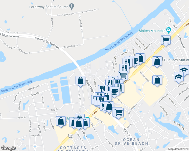 map of restaurants, bars, coffee shops, grocery stores, and more near 101 Riptide Circle in North Myrtle Beach