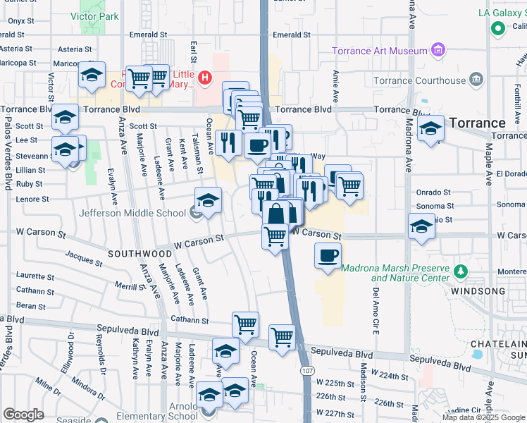 map of restaurants, bars, coffee shops, grocery stores, and more near 21515 Hawthorne Boulevard in Torrance