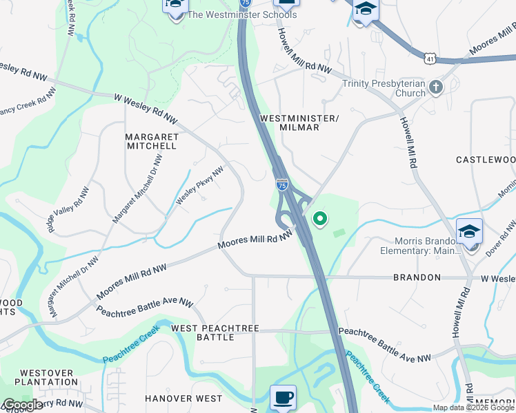 map of restaurants, bars, coffee shops, grocery stores, and more near 1361 West Wesley Road Northwest in Atlanta