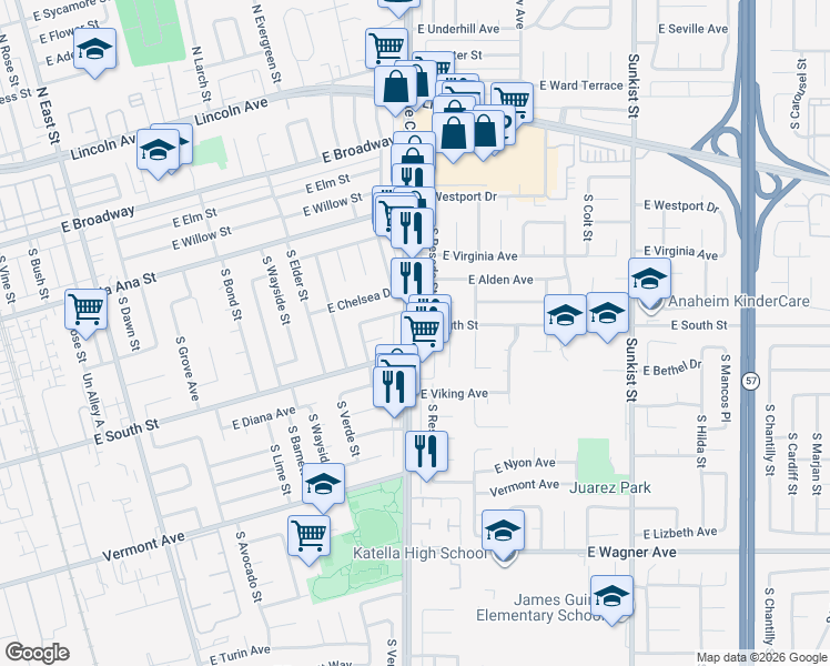map of restaurants, bars, coffee shops, grocery stores, and more near 715 South State College Boulevard in Anaheim