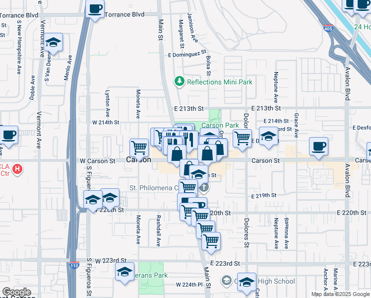 map of restaurants, bars, coffee shops, grocery stores, and more near 111 East Carson Street in Carson