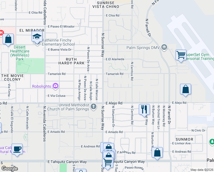 map of restaurants, bars, coffee shops, grocery stores, and more near 655 North Vía Acapulco in Palm Springs