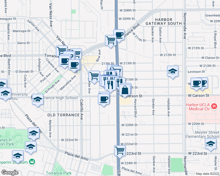 map of restaurants, bars, coffee shops, grocery stores, and more near 21557 California 213 in Torrance