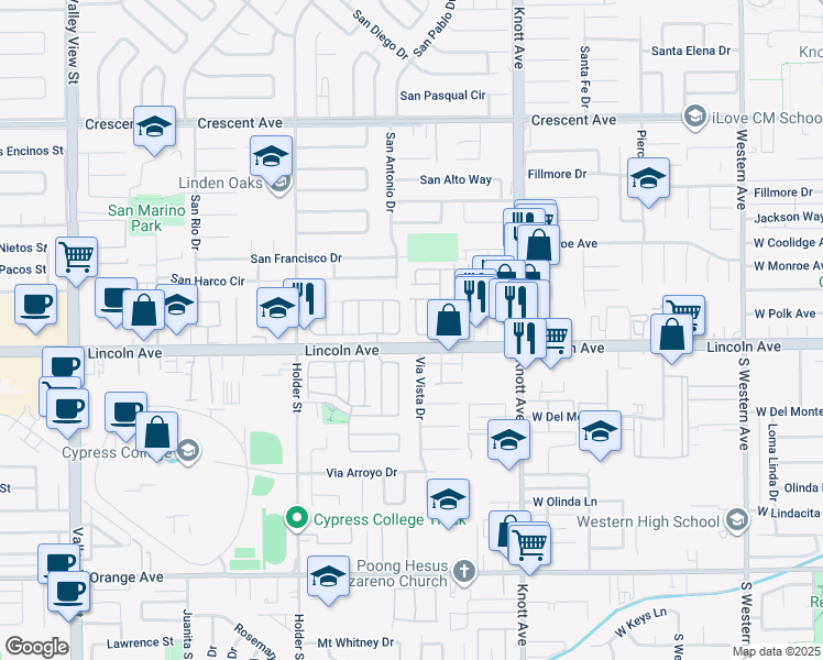 map of restaurants, bars, coffee shops, grocery stores, and more near 6741 Lincoln Avenue in Buena Park