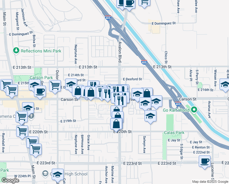 map of restaurants, bars, coffee shops, grocery stores, and more near 649 East Carson Street in Carson