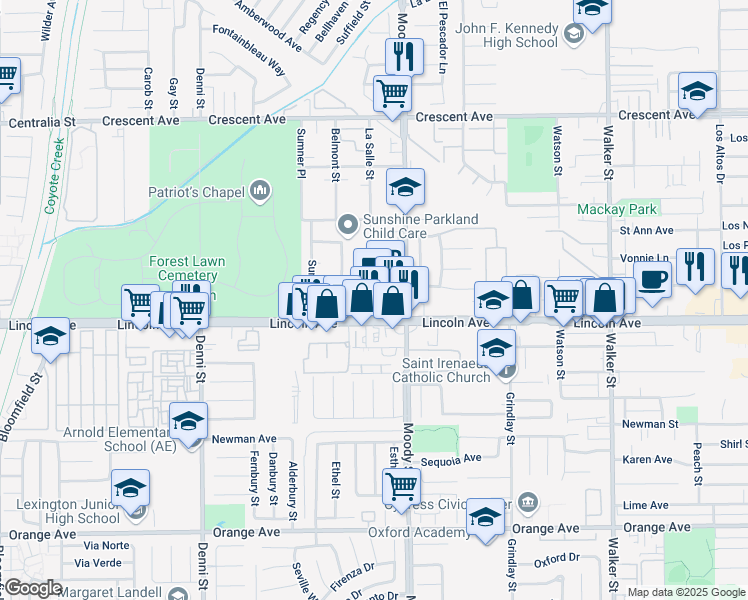map of restaurants, bars, coffee shops, grocery stores, and more near 4911 Lincoln Avenue in Cypress