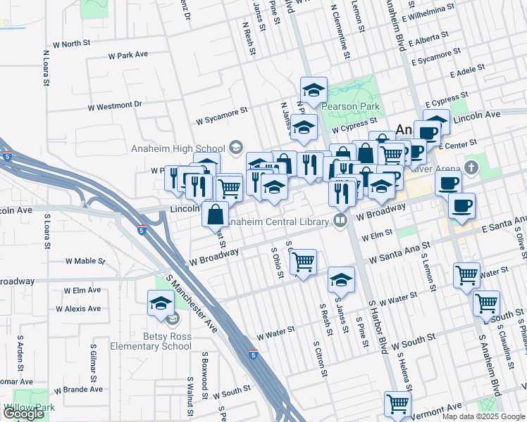 map of restaurants, bars, coffee shops, grocery stores, and more near 122 South Ohio Street in Anaheim
