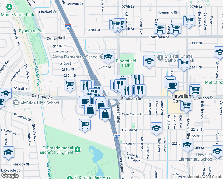 map of restaurants, bars, coffee shops, grocery stores, and more near 11740 216th Street in Lakewood