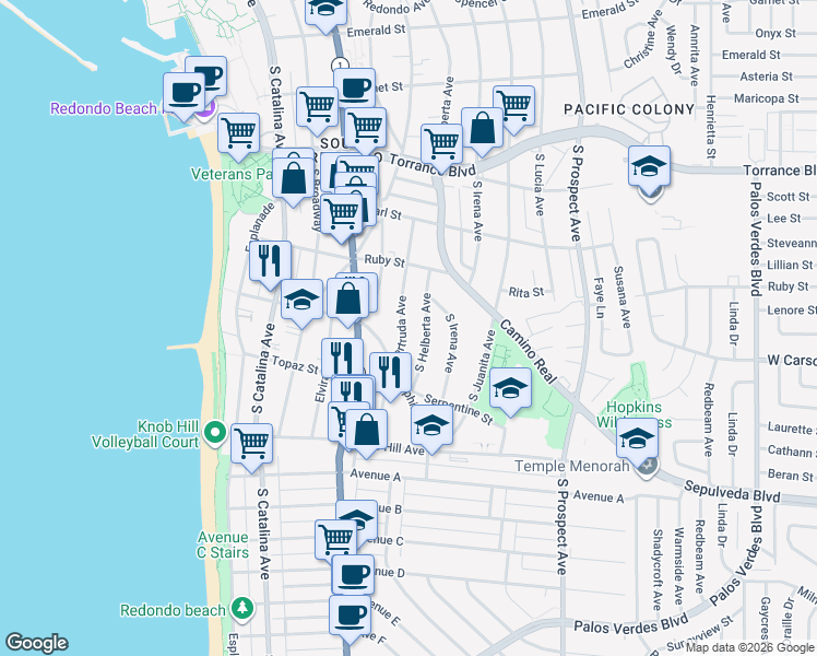 map of restaurants, bars, coffee shops, grocery stores, and more near 534 South Gertruda Avenue in Redondo Beach