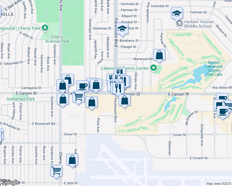 map of restaurants, bars, coffee shops, grocery stores, and more near Carson St & Paramount Blvd in Lakewood