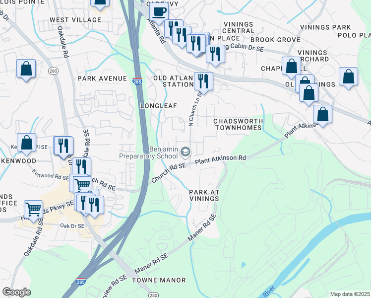 map of restaurants, bars, coffee shops, grocery stores, and more near 5108 Kempsford Court in Smyrna
