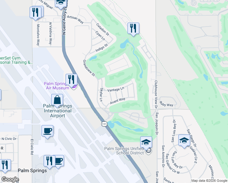 map of restaurants, bars, coffee shops, grocery stores, and more near 703 Bliss Way in Palm Springs