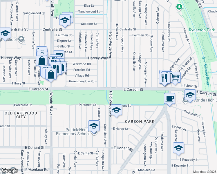 map of restaurants, bars, coffee shops, grocery stores, and more near 4103 Palo Verde Avenue in Lakewood