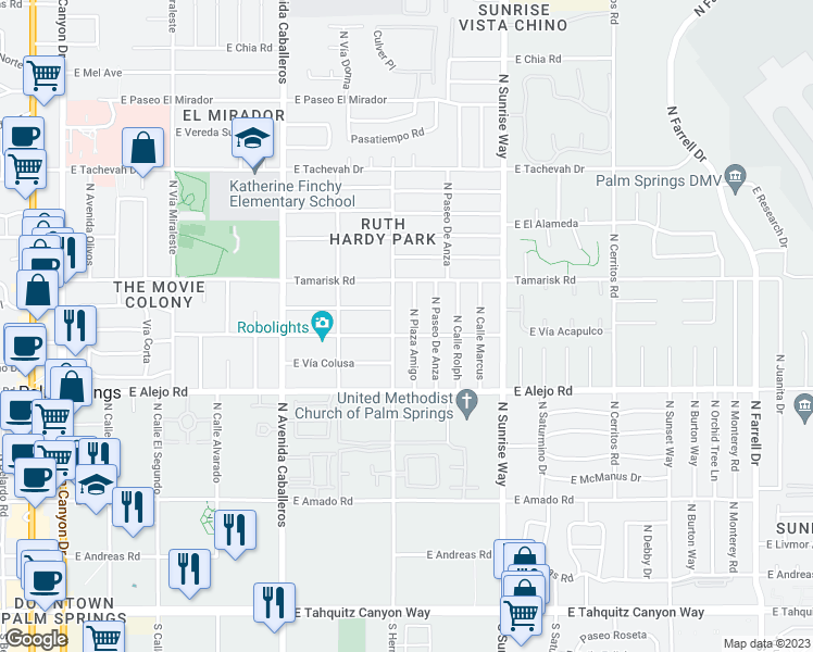 map of restaurants, bars, coffee shops, grocery stores, and more near 633 North Plaza Amigo in Palm Springs