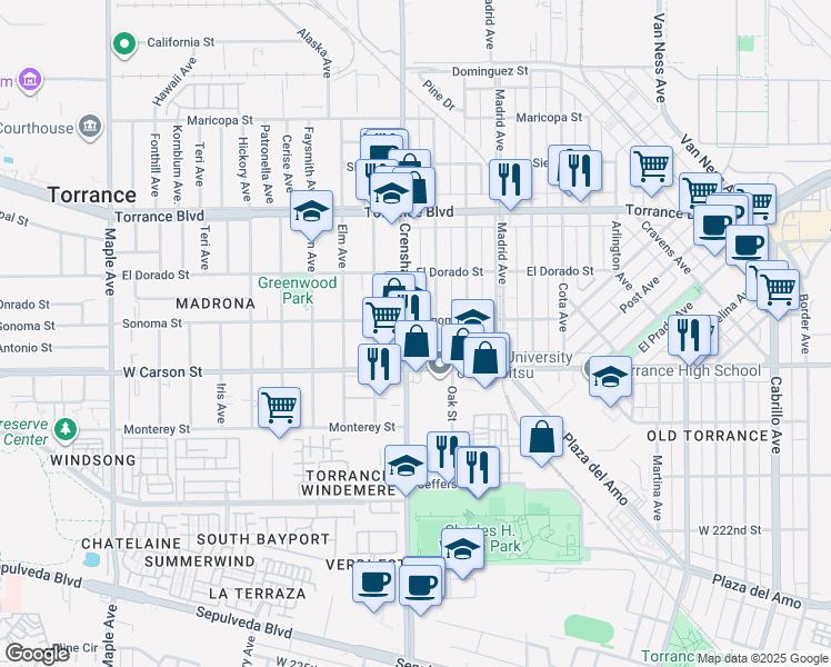 map of restaurants, bars, coffee shops, grocery stores, and more near 1614 Crenshaw Boulevard in Torrance