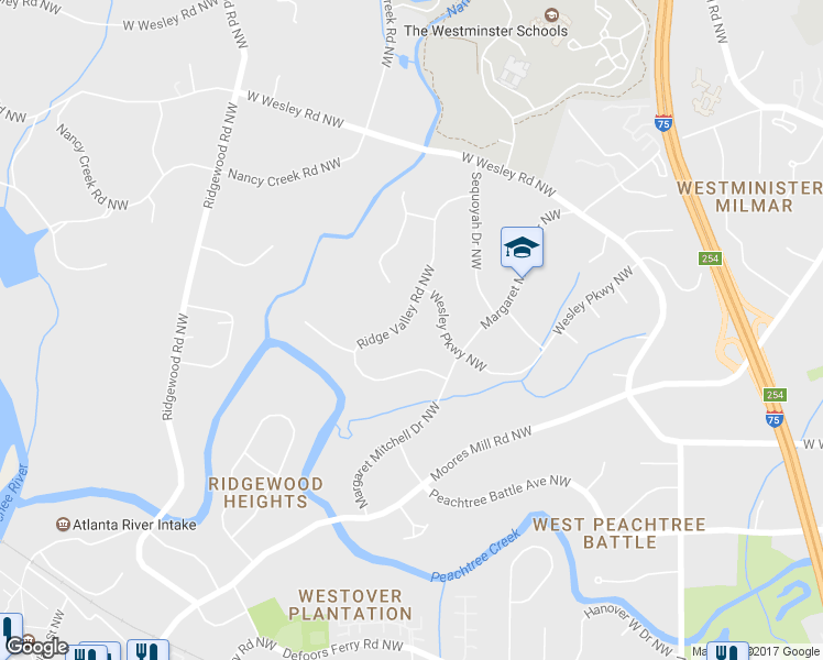 map of restaurants, bars, coffee shops, grocery stores, and more near 2837 Ridge Valley Road Northwest in Atlanta