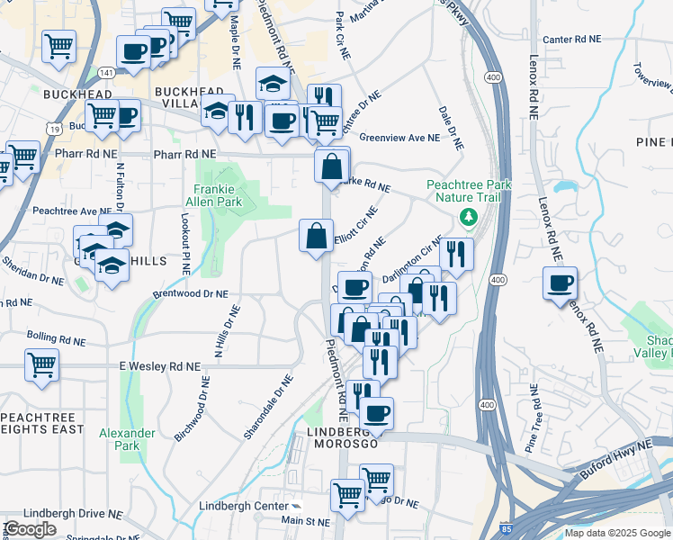 map of restaurants, bars, coffee shops, grocery stores, and more near 2847 Piedmont Road Northeast in Atlanta