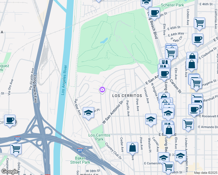 map of restaurants, bars, coffee shops, grocery stores, and more near 4200 North Country Club Drive in Long Beach