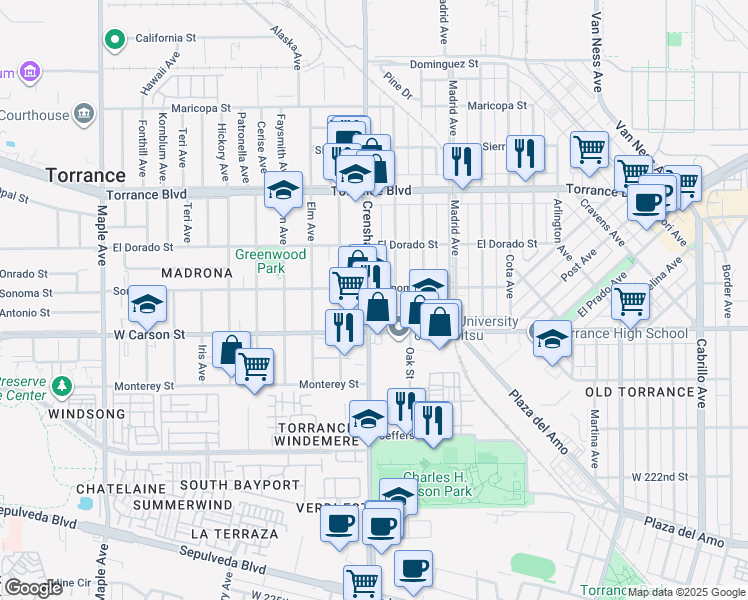 map of restaurants, bars, coffee shops, grocery stores, and more near 1614 Crenshaw Boulevard in Torrance