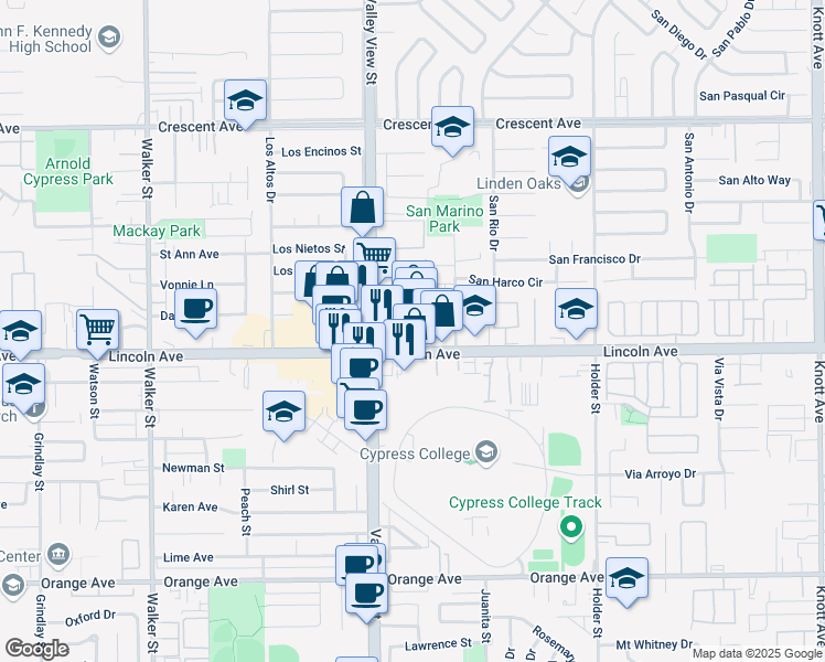 map of restaurants, bars, coffee shops, grocery stores, and more near 8932 Valley View Street in Buena Park