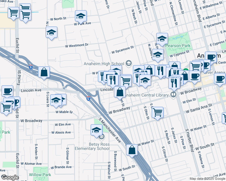 map of restaurants, bars, coffee shops, grocery stores, and more near 1129 West Center Street in Anaheim
