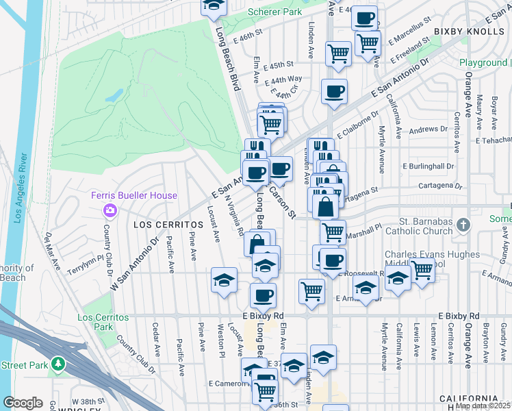 map of restaurants, bars, coffee shops, grocery stores, and more near 4101 Long Beach Boulevard in Long Beach
