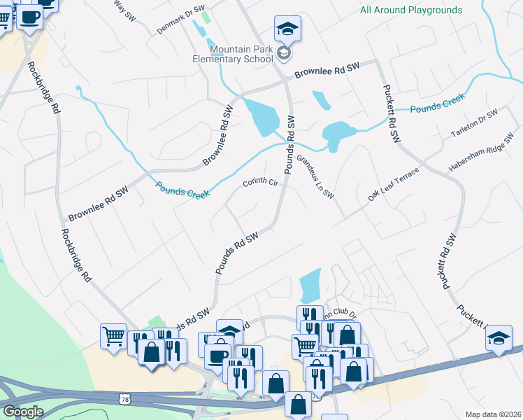 map of restaurants, bars, coffee shops, grocery stores, and more near 5220 Fremont Ct SW in Stone Mountain