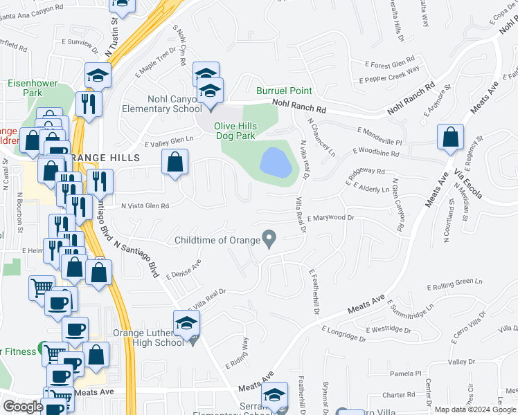 map of restaurants, bars, coffee shops, grocery stores, and more near 2821 East Echo Hill Way in Orange