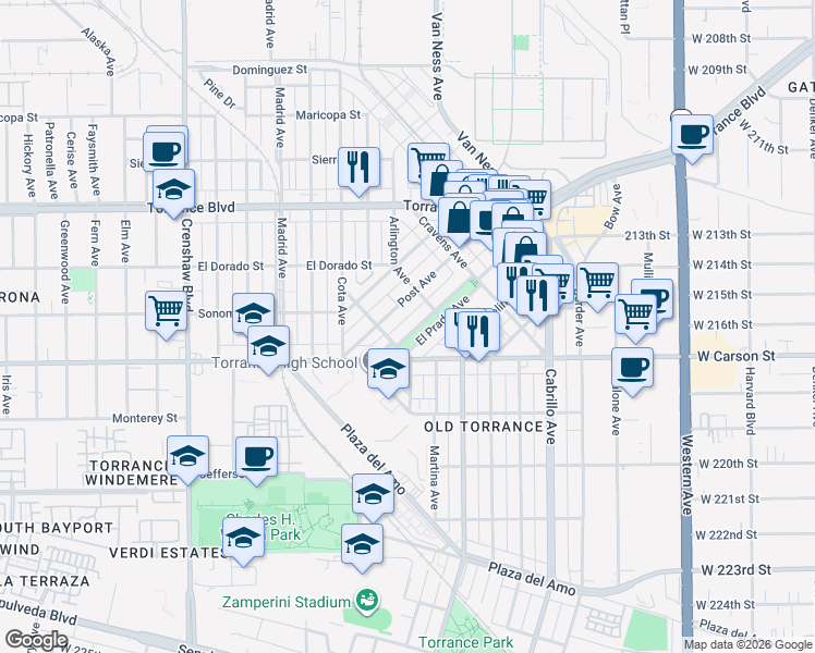 map of restaurants, bars, coffee shops, grocery stores, and more near 1531 El Prado Ave in Torrance
